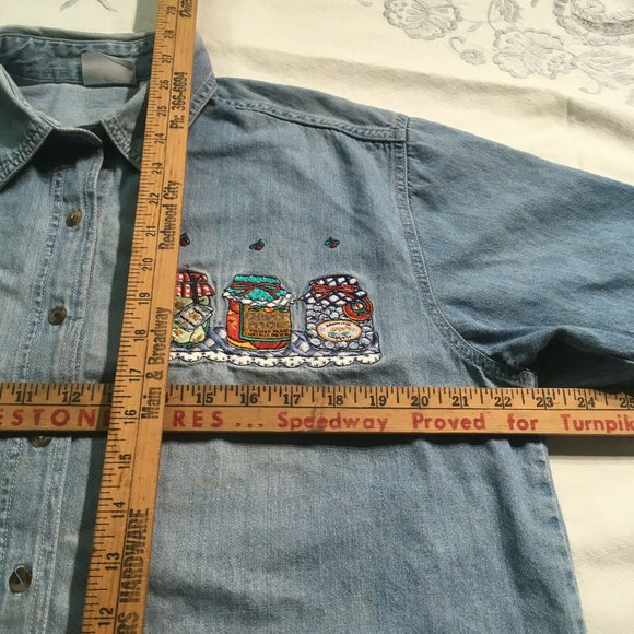 #56 Bobbie Brooks Denim Button-Up Shirt Women's L Short Sleeve Embellished Fall - Picture 3 of 9